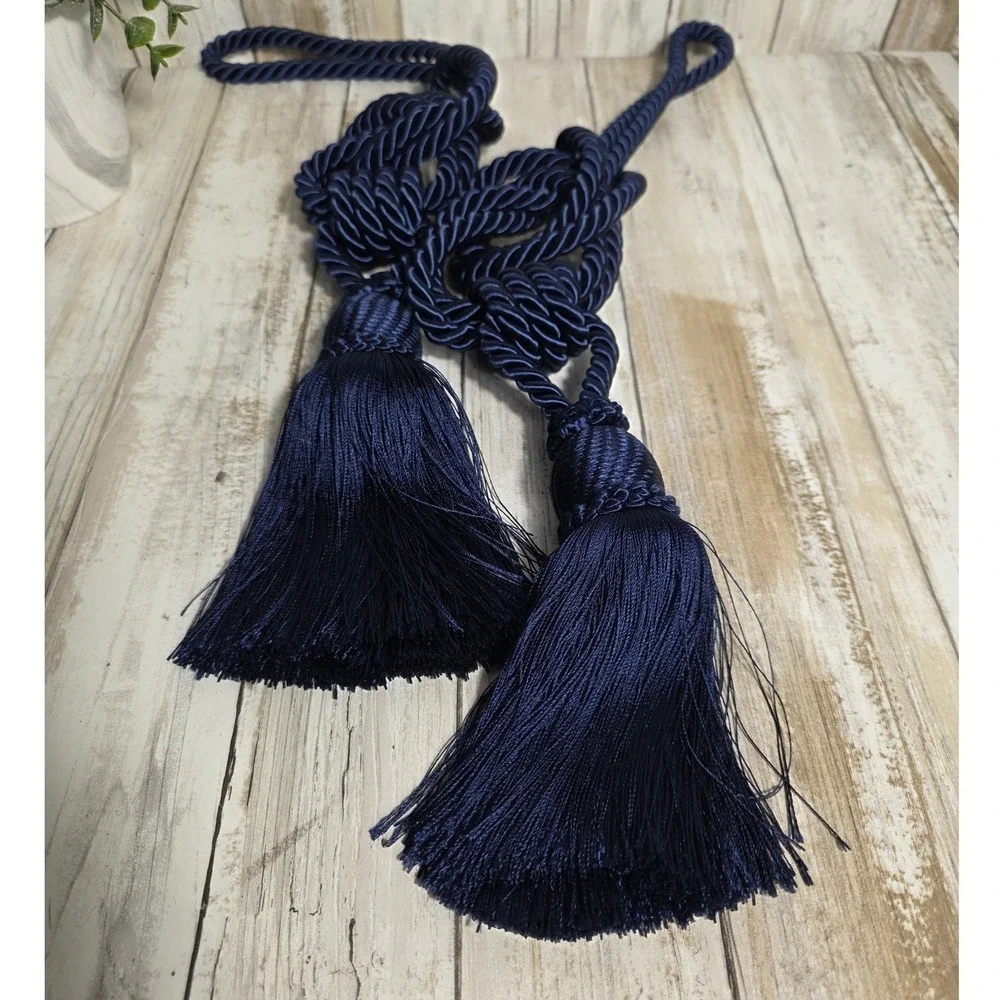 Navy Blue Braided Rope Curtain Tiebacks Pair with Large Tassels and Knots